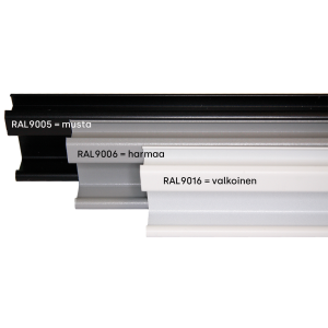 Profiilien värit. RAL9016 = valkoinen RAL9006 = harmaa RAL9005 = musta